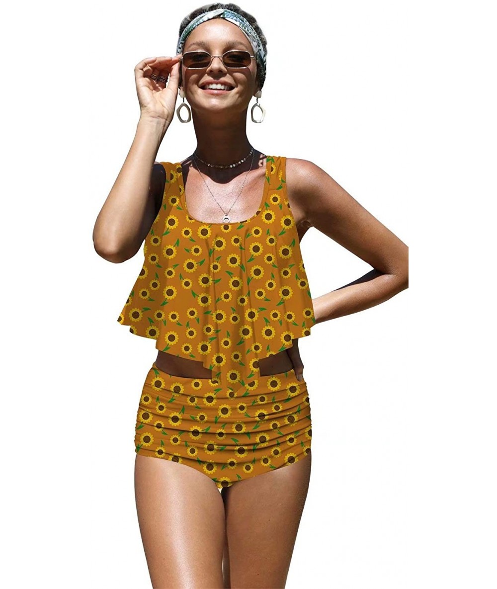 Sets Womens Colorful Sunflowers Botany Print Flounce Bikini Push up High Waisted Swimsuits - Darkgoldenrod - CW196MCNQH4 $64.68