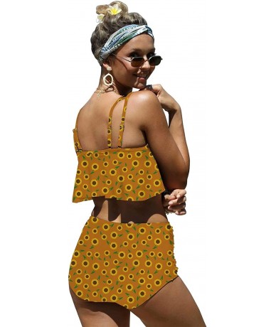 Sets Womens Colorful Sunflowers Botany Print Flounce Bikini Push up High Waisted Swimsuits - Darkgoldenrod - CW196MCNQH4 $64.68