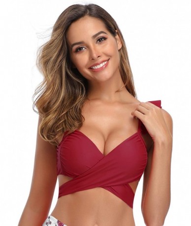 Bottoms Women's Ruffle Push Up Bikini High Waisted Bottoms Two Piece Swimsuits - Top Only - Wine Red - CC18AKDC382 $31.56