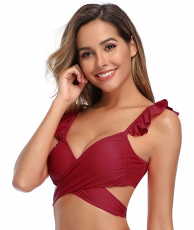 Bottoms Women's Ruffle Push Up Bikini High Waisted Bottoms Two Piece Swimsuits - Top Only - Wine Red - CC18AKDC382 $31.56