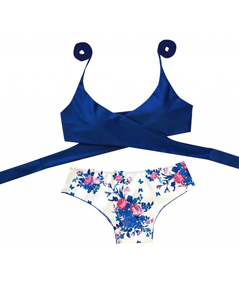 Sets Two Pieces Cross Sexy Bikini Bandage Leaf Printed Split Bathing Suits Swimwear Beachwear Set - 01 Blue - C6196H066LC $27.69