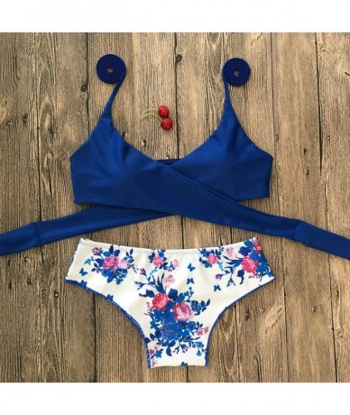 Sets Two Pieces Cross Sexy Bikini Bandage Leaf Printed Split Bathing Suits Swimwear Beachwear Set - 01 Blue - C6196H066LC $27.69