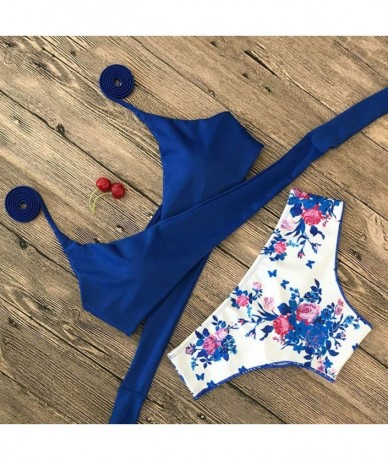 Sets Two Pieces Cross Sexy Bikini Bandage Leaf Printed Split Bathing Suits Swimwear Beachwear Set - 01 Blue - C6196H066LC $27.69