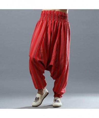 Rash Guards Men's Linen Pants Elastic Waist Baggy Colourful Stripe Drop Crotch Yoga Aladdin Harem Trousers - Red - CZ18XU6GEE...