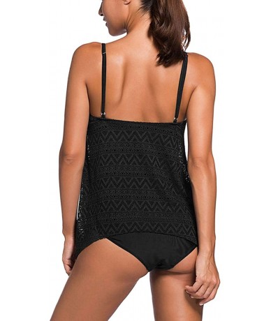 Sets Womens Tankini Swimwear Mesh Bikini Tankini Set 2 Pieces Swimsuit - Black - CW18R34N28S $39.69