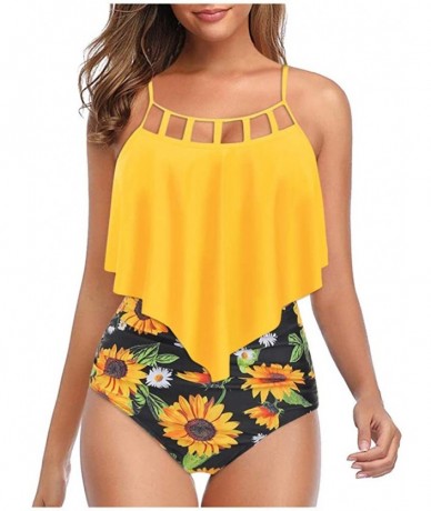 Racing Swimsuits for Women Sunflower Print Two Pieces Bathing Suits Ruffled Racerback Top with High Waisted Bottom A Yellow -...