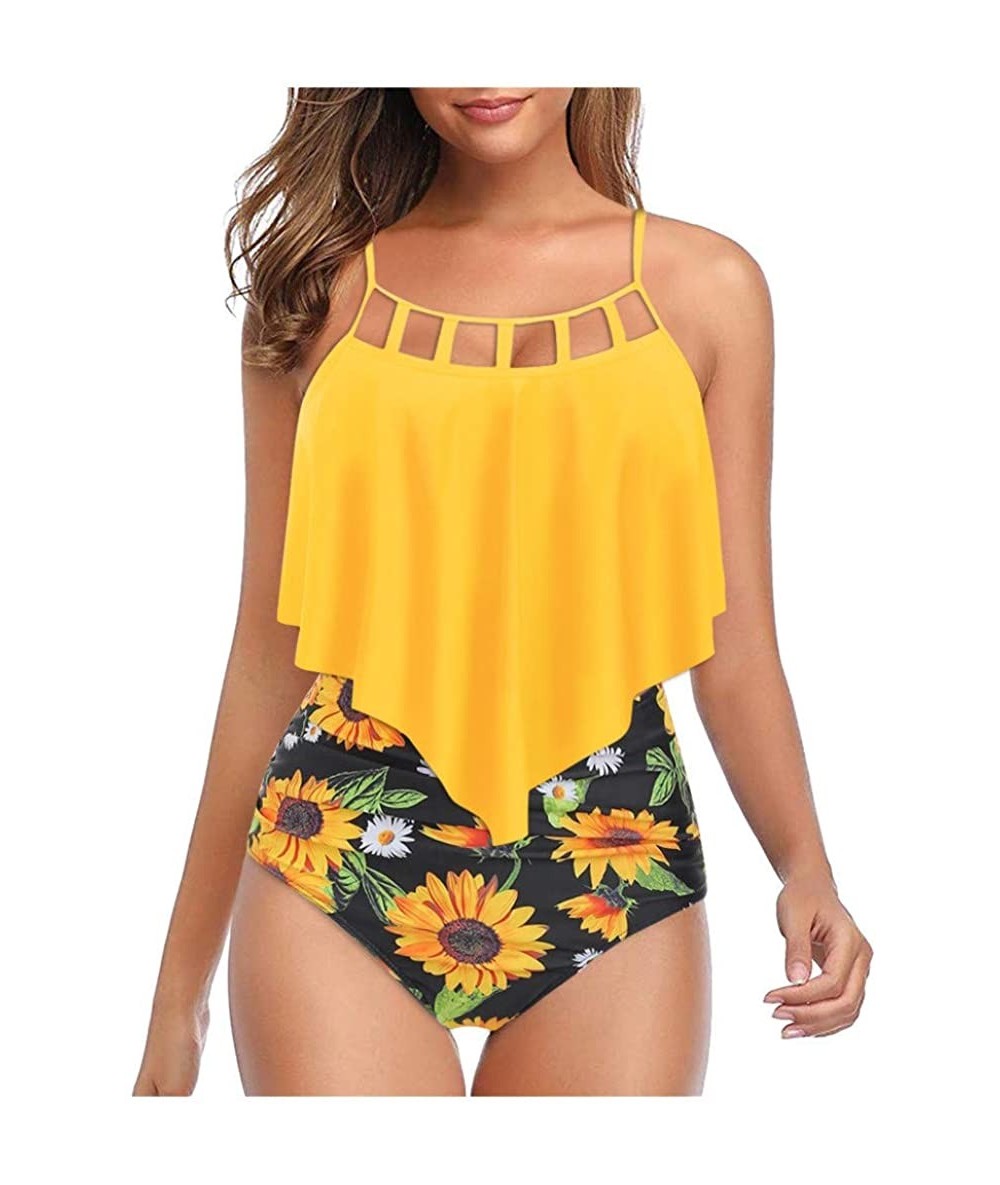 Racing Swimsuits for Women Sunflower Print Two Pieces Bathing Suits Ruffled Racerback Top with High Waisted Bottom A Yellow -...