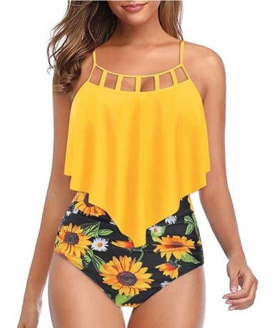 Racing Swimsuits for Women Sunflower Print Two Pieces Bathing Suits Ruffled Racerback Top with High Waisted Bottom A Yellow -...