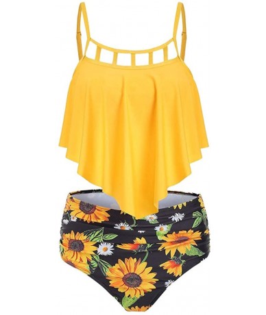 Racing Swimsuits for Women Sunflower Print Two Pieces Bathing Suits Ruffled Racerback Top with High Waisted Bottom A Yellow -...