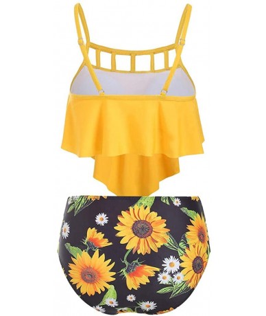 Racing Swimsuits for Women Sunflower Print Two Pieces Bathing Suits Ruffled Racerback Top with High Waisted Bottom A Yellow -...