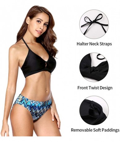 Sets Womens Halter Bikini Lace up Bikini High Waisted Two Piece Floral Swimwear - Black-geometric - C718LLE739K $36.27