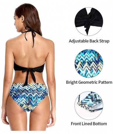 Sets Womens Halter Bikini Lace up Bikini High Waisted Two Piece Floral Swimwear - Black-geometric - C718LLE739K $36.27