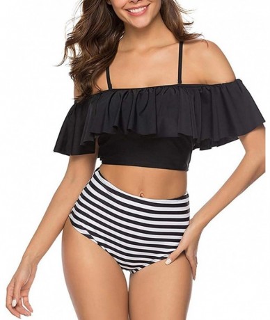 Sets Swimsuit for Women Two Piece Off Shoulder Ruffled Flounce Crop Bikini Top with High Waisted Bottom Tankini Set Black1 - ...