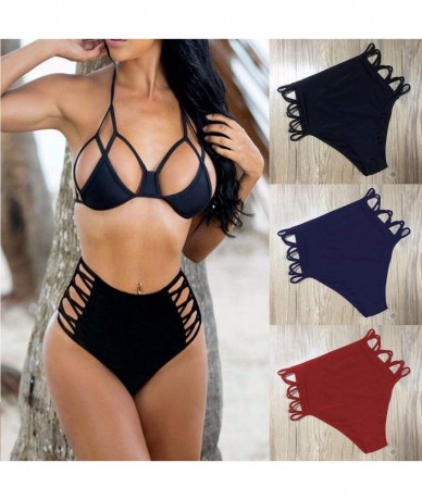 Sets Sexy Women's Bikini Retro High Waisted Strappy Brief Bottom Solid Tankini Swimsuit - Blue - C91853DX222 $31.19