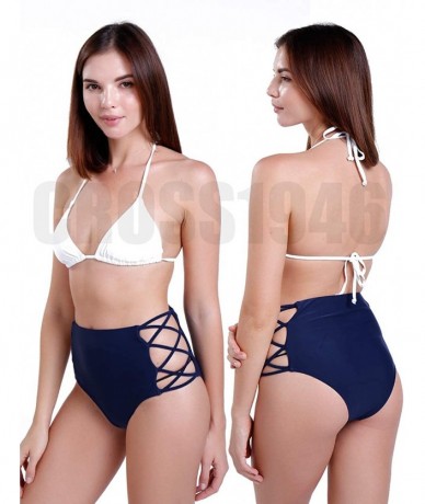 Sets Sexy Women's Bikini Retro High Waisted Strappy Brief Bottom Solid Tankini Swimsuit - Blue - C91853DX222 $31.19