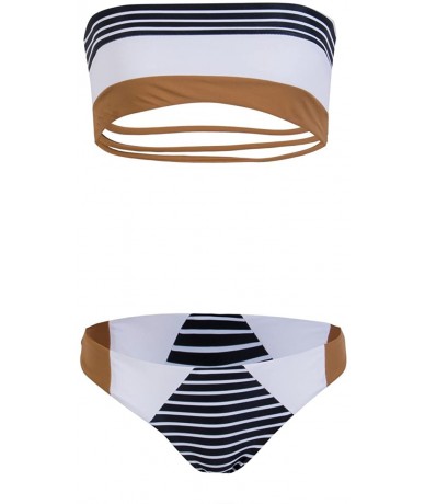 Sets Women Tube Bandeau Swimsuit Stripe Strapless Padded Push Up Bikini Set Bathing Suit - Color Block - CK18CRQUADK $29.59