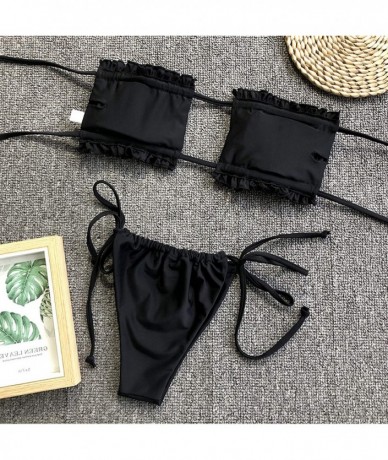 Sets Womens Two-Pieces Sexy Cheeky Bikini Set Swimsuit Ribbed Lace Up Bandeau Swimwear - Black - C7199NEL4CH $35.52