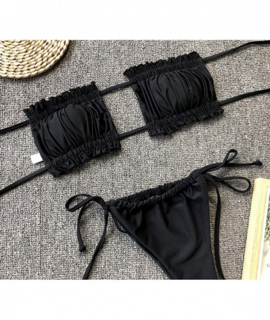 Sets Womens Two-Pieces Sexy Cheeky Bikini Set Swimsuit Ribbed Lace Up Bandeau Swimwear - Black - C7199NEL4CH $35.52