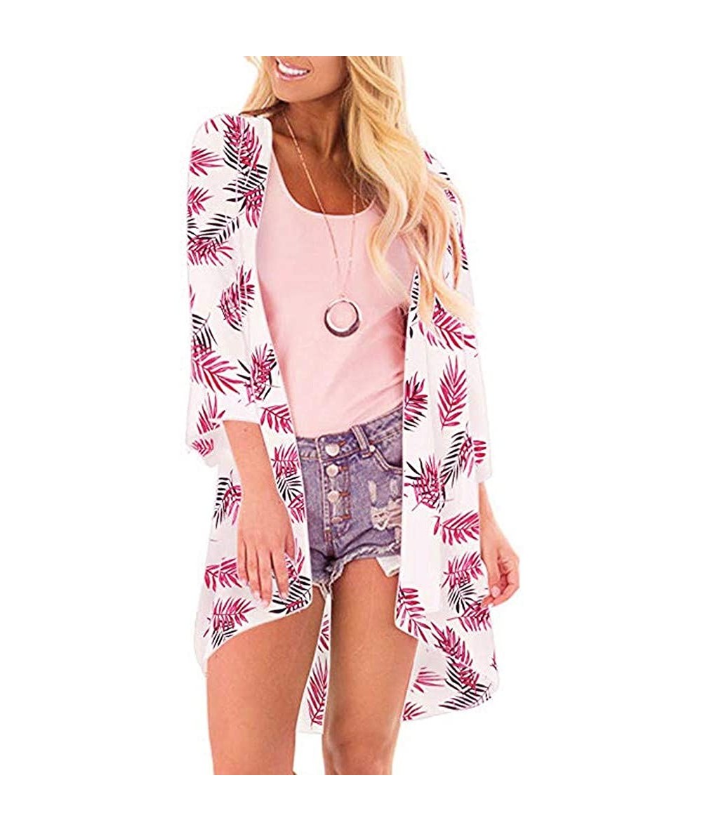 Cover-Ups Kimono Cardigans for Women Summer Beach Floral Chiffon Long Bikini Cover-up Tops - Pink 02 - C518TDZUOQI $29.00