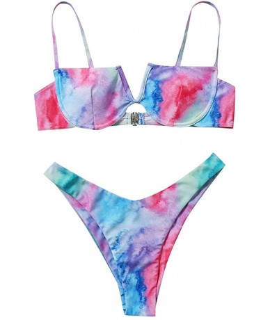 Sets Women's Tie-Dye V-Neck Push up 2 Piece Bikini Short Triangle Bottom Sets Swimsuits - Multi Color - CD190HZZX5S $31.14