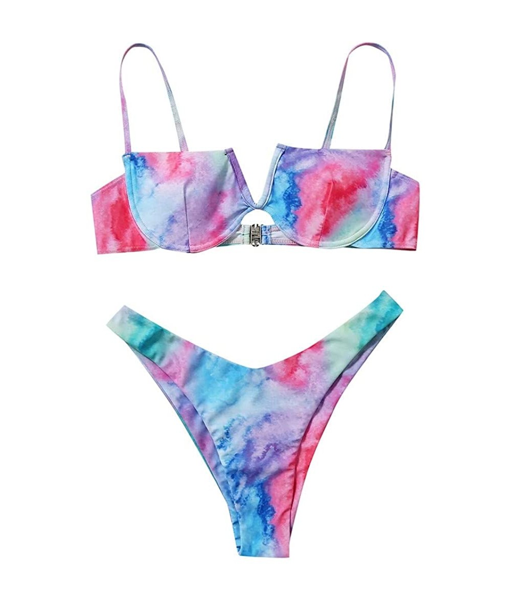 Sets Women's Tie-Dye V-Neck Push up 2 Piece Bikini Short Triangle Bottom Sets Swimsuits - Multi Color - CD190HZZX5S $31.14