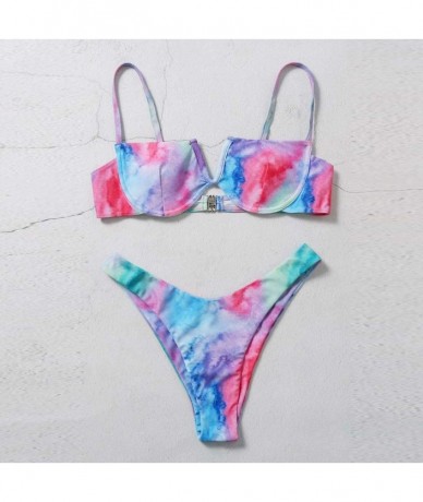 Sets Women's Tie-Dye V-Neck Push up 2 Piece Bikini Short Triangle Bottom Sets Swimsuits - Multi Color - CD190HZZX5S $31.14