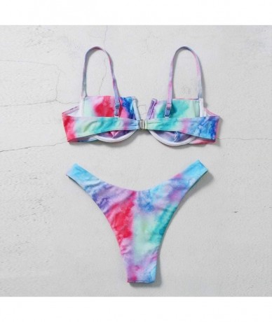 Sets Women's Tie-Dye V-Neck Push up 2 Piece Bikini Short Triangle Bottom Sets Swimsuits - Multi Color - CD190HZZX5S $31.14