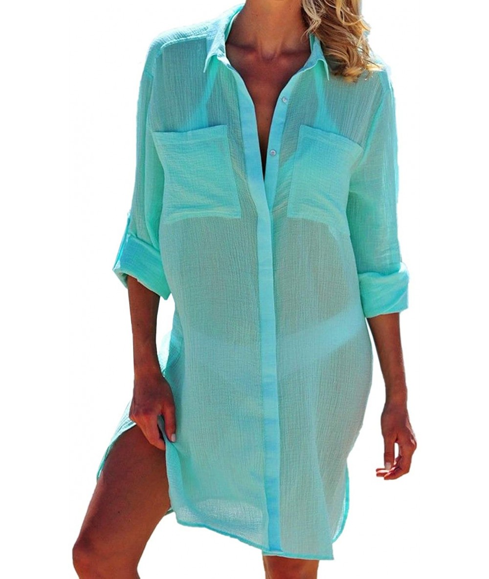 Cover-Ups Women Sexy Vogue Button Down Shirts Crinkle Chiffon Bathing Suit Cover up Beachwear - 3- Blue - CG18U04R434 $35.71