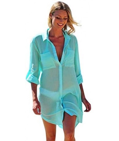 Cover-Ups Women Sexy Vogue Button Down Shirts Crinkle Chiffon Bathing Suit Cover up Beachwear - 3- Blue - CG18U04R434 $35.71