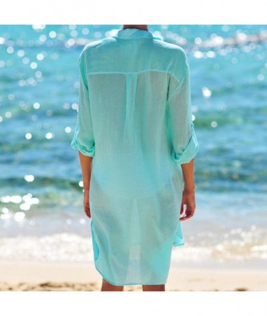 Cover-Ups Women Sexy Vogue Button Down Shirts Crinkle Chiffon Bathing Suit Cover up Beachwear - 3- Blue - CG18U04R434 $35.71