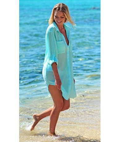 Cover-Ups Women Sexy Vogue Button Down Shirts Crinkle Chiffon Bathing Suit Cover up Beachwear - 3- Blue - CG18U04R434 $35.71