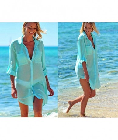 Cover-Ups Women Sexy Vogue Button Down Shirts Crinkle Chiffon Bathing Suit Cover up Beachwear - 3- Blue - CG18U04R434 $35.71