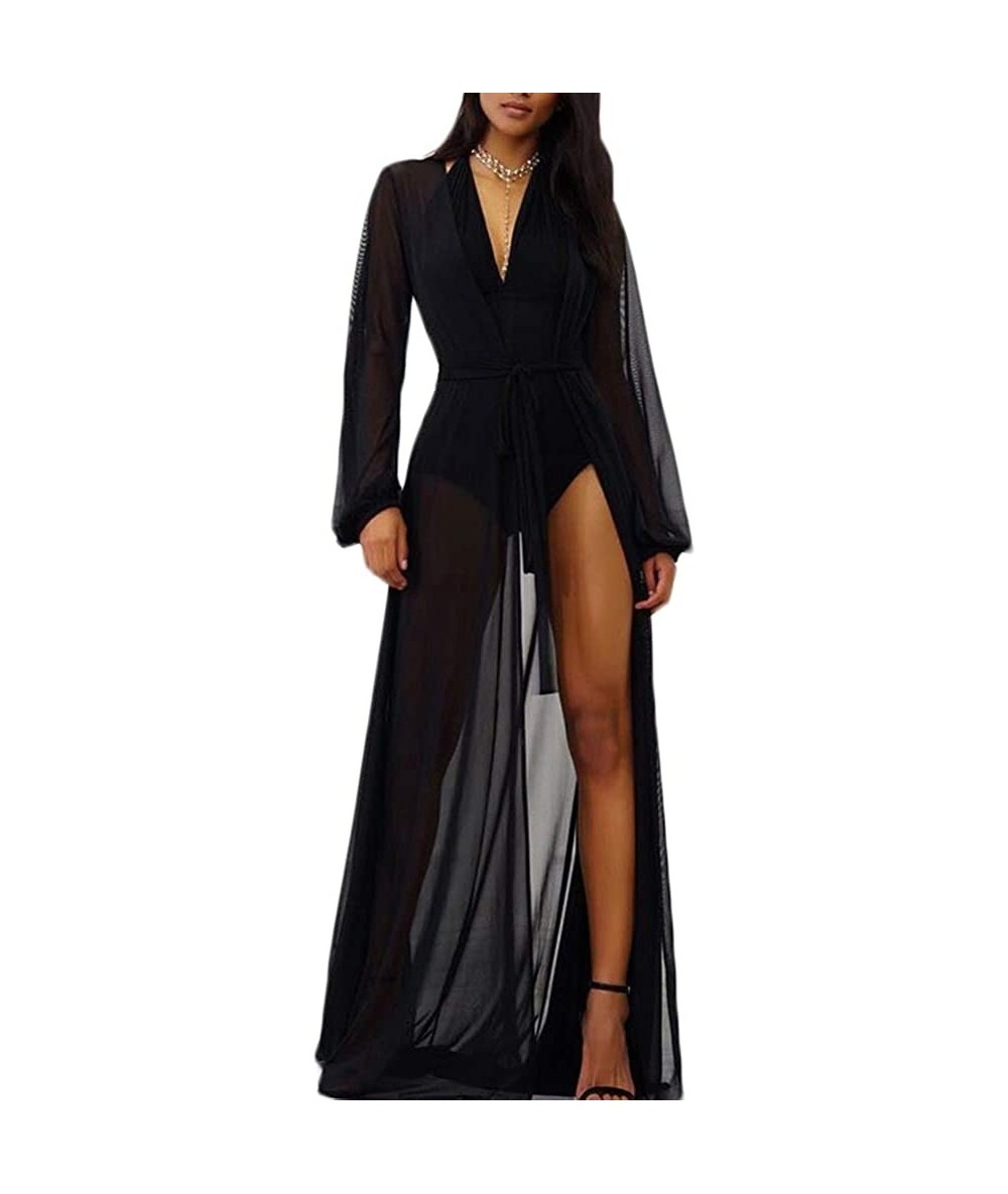 Cover-Ups Women's Sexy Mesh Long Sleeve Tie Front Swimsuit Beach Long Maxi Cover Up Dress Chiffon Kimono Cardigan Robe Black ...