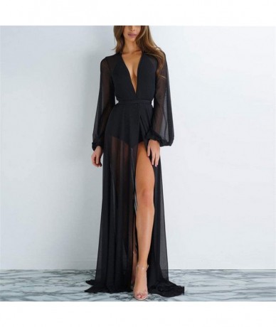 Cover-Ups Women's Sexy Mesh Long Sleeve Tie Front Swimsuit Beach Long Maxi Cover Up Dress Chiffon Kimono Cardigan Robe Black ...