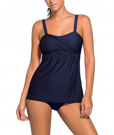 Tops Women's Solid Ruched Tankini Top Swimsuit with Triangle Briefs - Blue C - C118ROQTZHK $49.86