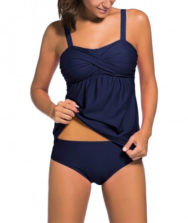 Tops Women's Solid Ruched Tankini Top Swimsuit with Triangle Briefs - Blue C - C118ROQTZHK $49.86