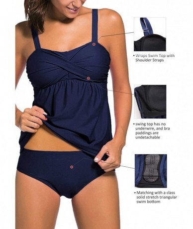 Tops Women's Solid Ruched Tankini Top Swimsuit with Triangle Briefs - Blue C - C118ROQTZHK $49.86