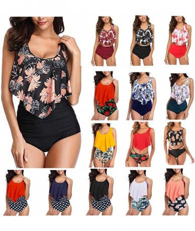 Sets Womens Two Piece Bikini Set- Solid Floral Print Ruffle High Waisted Tummy Control Beach Swimwear Changeshopping - 19 Nav...