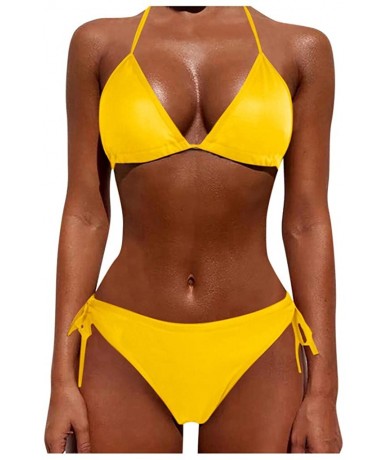 Bottoms Women's Sexy Solid Color Two Piece Padded Push Up with Tie Side Bottom Brazilian Swimsuit Bathing Suits - Yellow - CB...