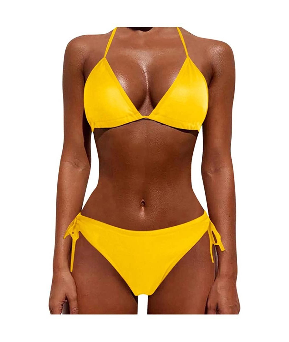 Bottoms Women's Sexy Solid Color Two Piece Padded Push Up with Tie Side Bottom Brazilian Swimsuit Bathing Suits - Yellow - CB...