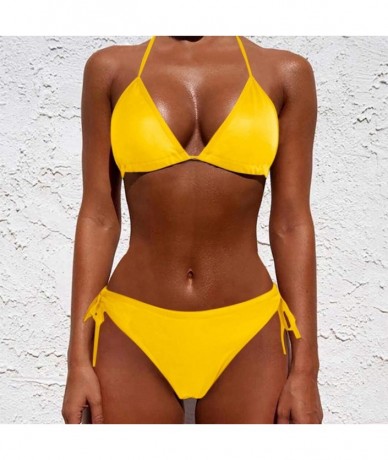 Bottoms Women's Sexy Solid Color Two Piece Padded Push Up with Tie Side Bottom Brazilian Swimsuit Bathing Suits - Yellow - CB...