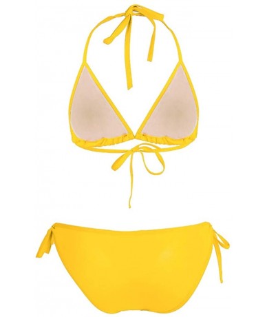 Bottoms Women's Sexy Solid Color Two Piece Padded Push Up with Tie Side Bottom Brazilian Swimsuit Bathing Suits - Yellow - CB...