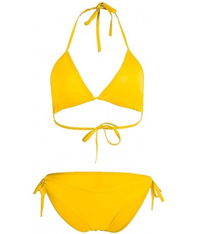 Bottoms Women's Sexy Solid Color Two Piece Padded Push Up with Tie Side Bottom Brazilian Swimsuit Bathing Suits - Yellow - CB...