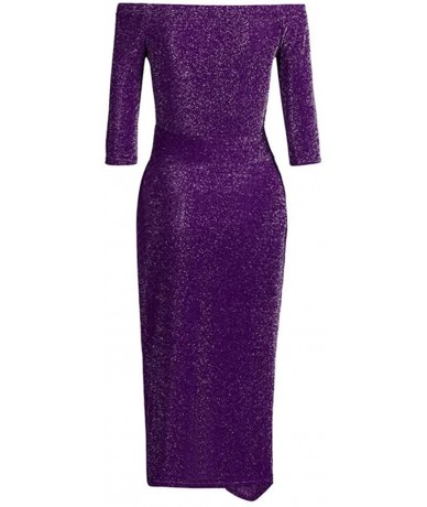 One-Pieces Womens Dresses Plus Size Solid Off Shoulder High Slit Bodycon Half Sleeve Evening Party Long Dresses - Purple - CW...