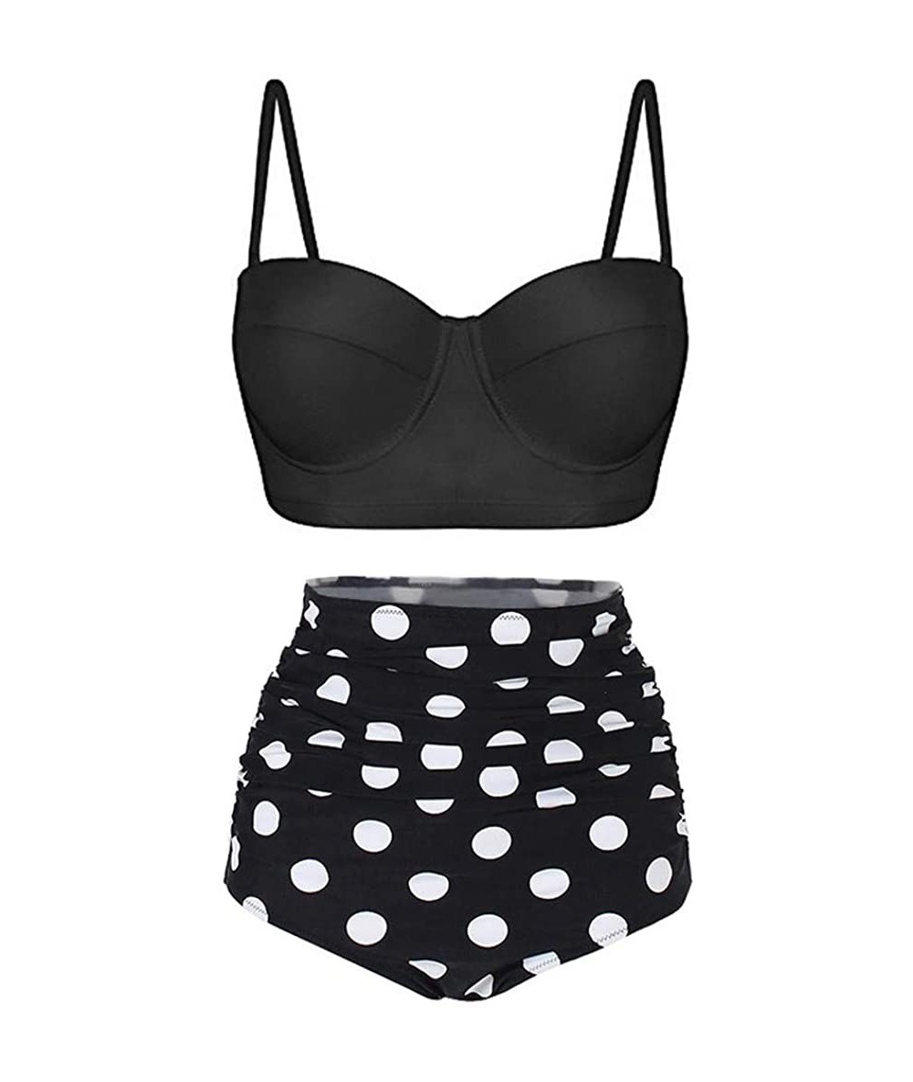 Bottoms Women's High Waist Bikini Swimwear Women's Vintage Print Beachwear Bikini Set Swimwear - D5-black - CR196M9UOIS $20.71