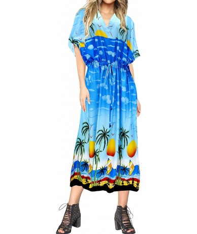 Cover-Ups Women's Kaftan Nightgown Lounge Dress Sleepwear Cover Ups Drawstring - Blue_t685 - C7182A3WC94 $38.52