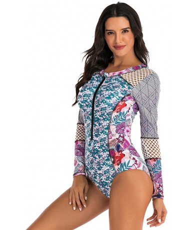 Board Shorts Women's One Piece Long Sleeve Rashguard Wetsuit Swimsuit Sun Protection Bathing Suits - 02 Colorful Floral - CA1...