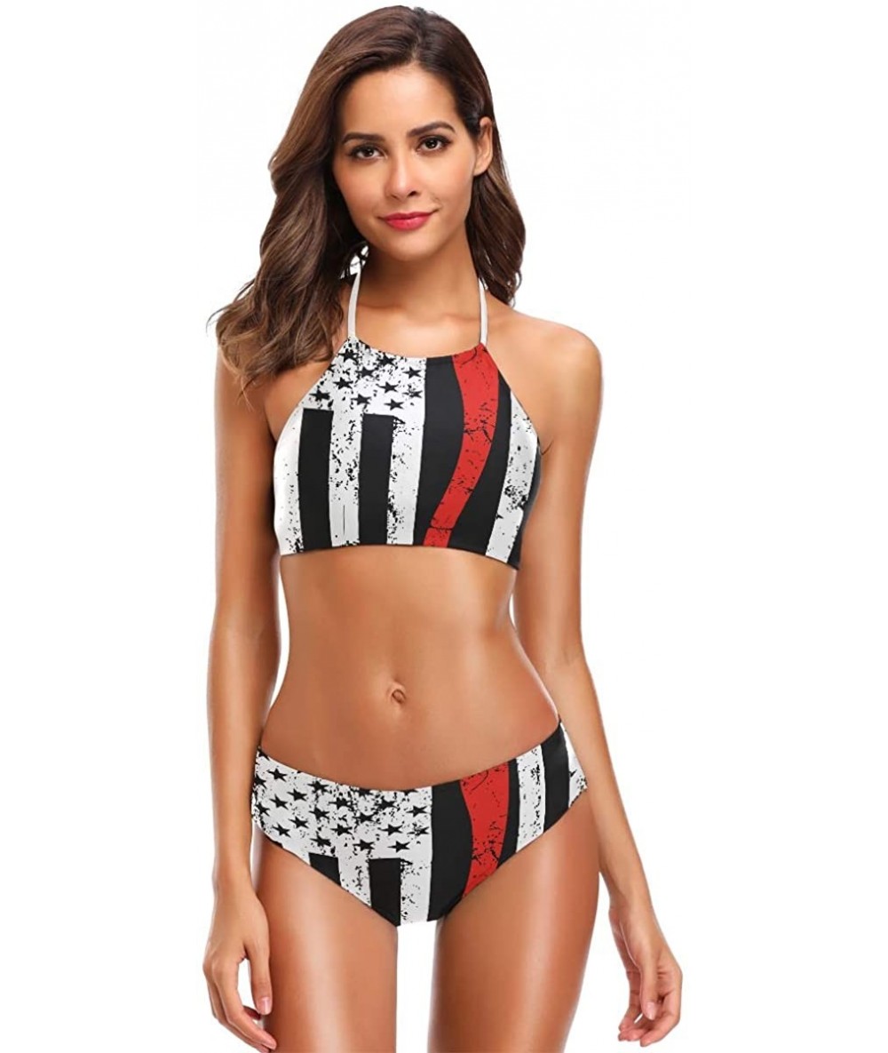 One-Pieces Women's Summer Beach Autism Awareness American Flag 2 Piece Halter Neack High Waist Padded Sexy Swimsuit - America...