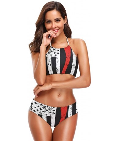 One-Pieces Women's Summer Beach Autism Awareness American Flag 2 Piece Halter Neack High Waist Padded Sexy Swimsuit - America...