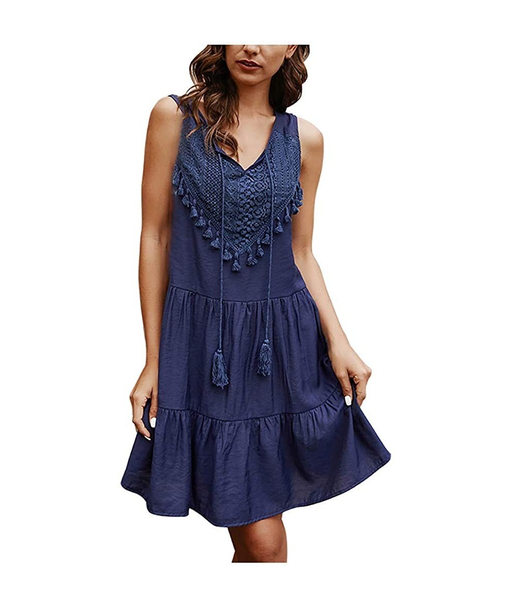 Cover-Ups Women's Summer Beach Cover Up Mini Sundress Casual V-Neck Sleeveless Fringed Bohemian Dresses - Navy - CB190OA5E4Q ...